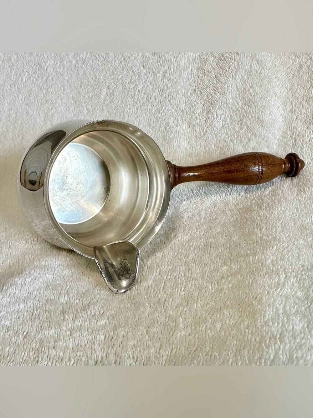 Vintage Silver-Plated Butter Melting Pot Wood Handle Sauce Warmer